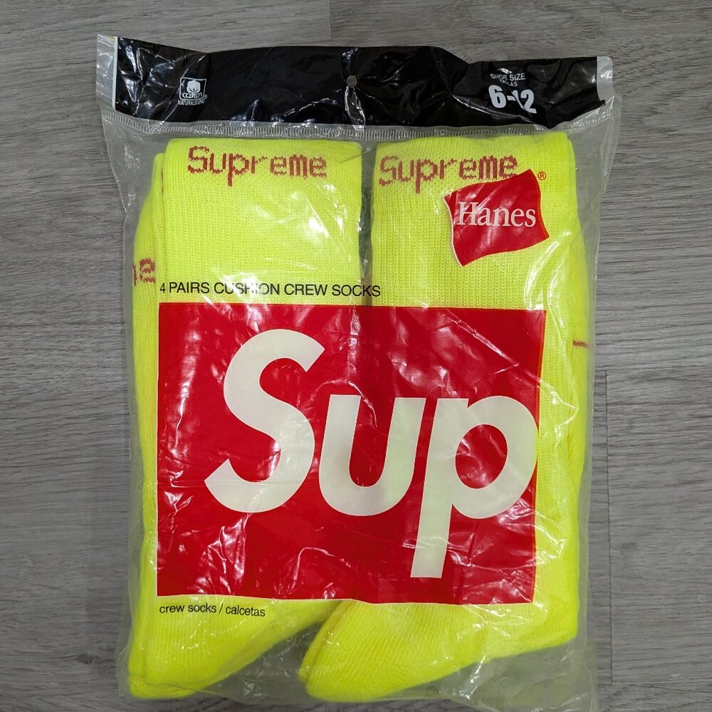 SUPREME X HANES CREW SOCKS (4 PACK) FLOURESCENT YELLOW SZ 6-12 DS NEON New MIP